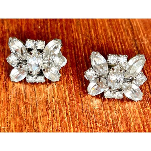 Rhinestone Floral Clip-On Earrings Crystal Clear .75" X 5/8" Elegant Accent - Picture 2 of 5